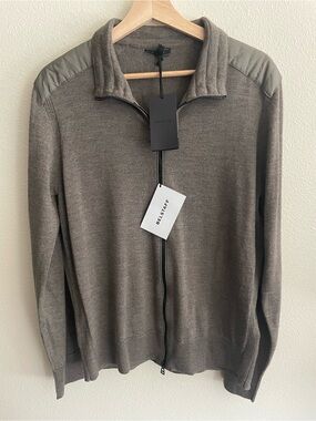Belstaff Men's Full-Zip Wool Sweater in Taupe with Quilted Shoulders